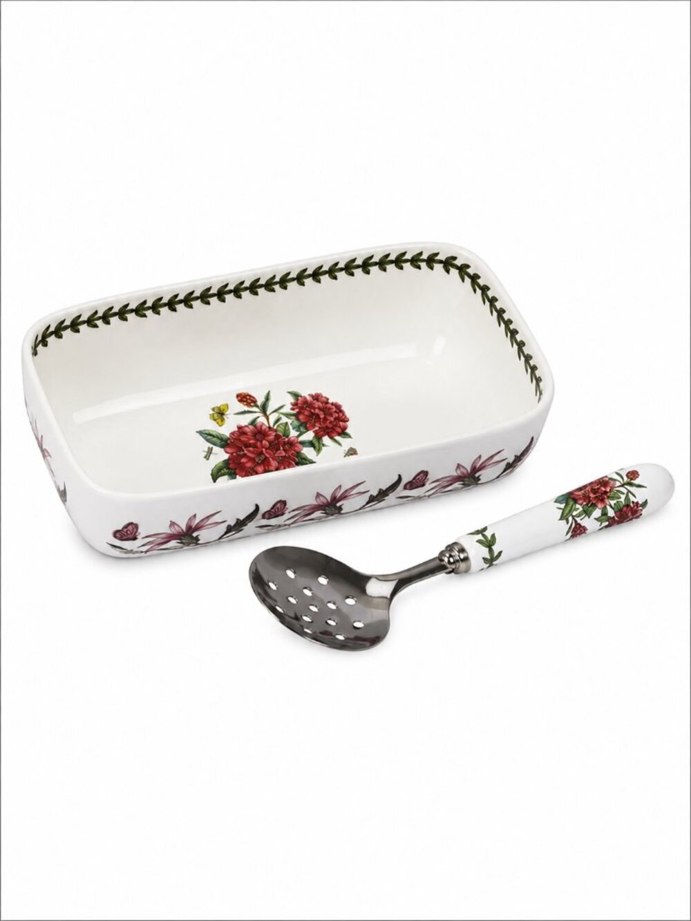 PORTMEIRION BOTANIC GARDEN CRANBERRY DISH & SLOTTED SPOON – 2-PIECE SET!
